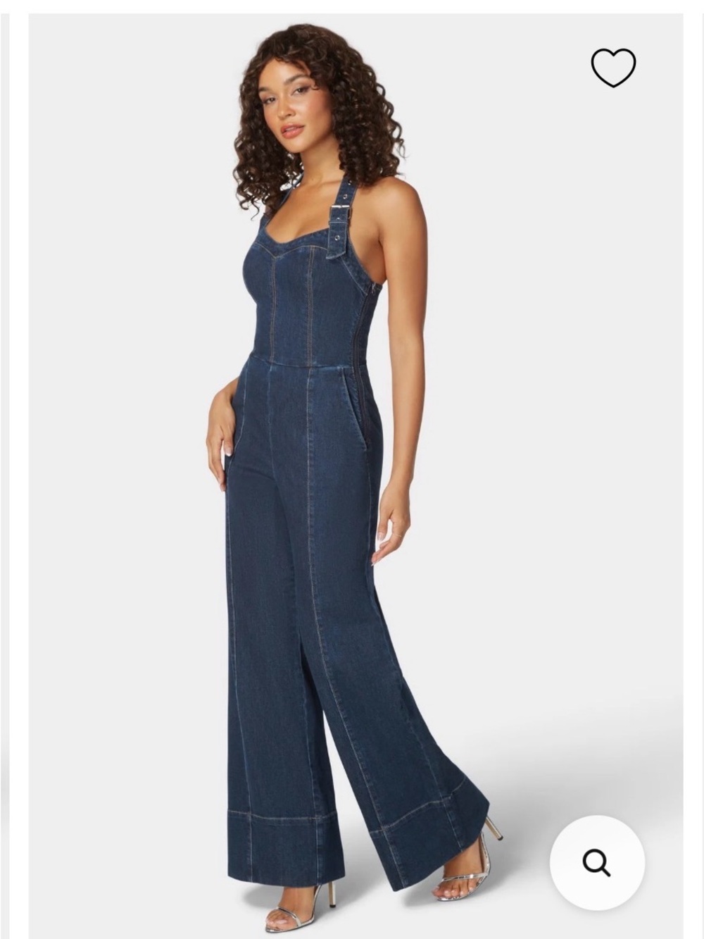 Bebe Halter Neck Buckle Detail Wide Leg Denim Jumpsuit - Picture 2 of 11